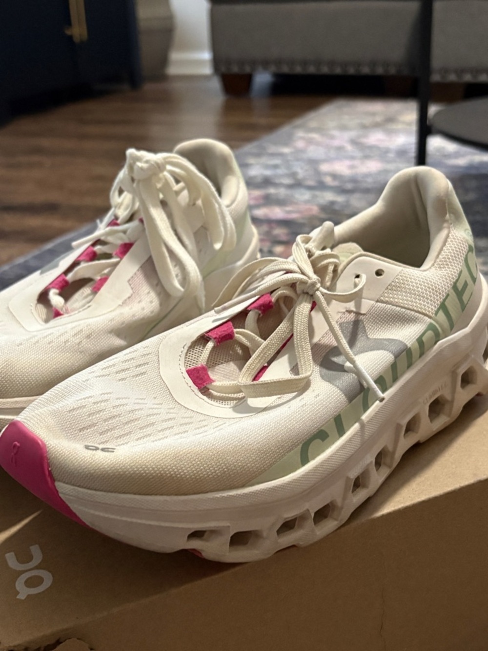 On Cloudrunning Women's Sneakers in Cream with Pink Accents